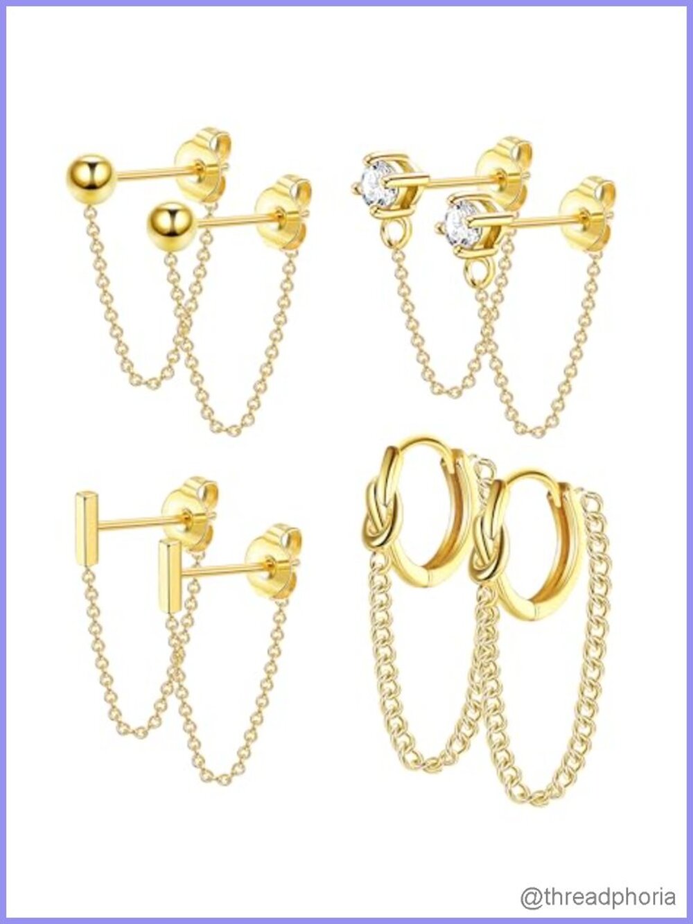 4 Pairs 14K Gold Chain Stud Earrings Hypoallergenic Steel Pins Women